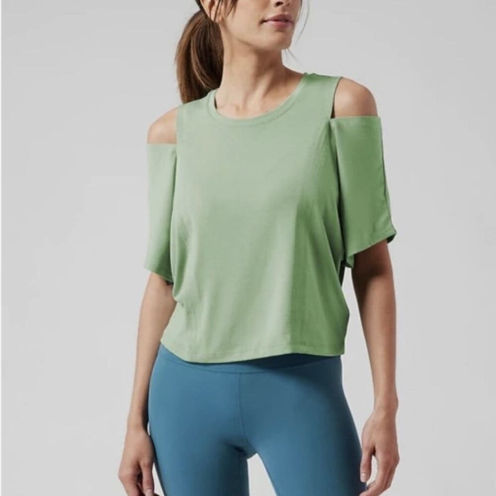 Athleta Raleigh Green Intention Tee Cutout Shoulder